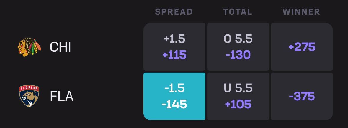Chicago Blackhawks vs Florida Panthers odds at Hard Rock Bet Sportsbook