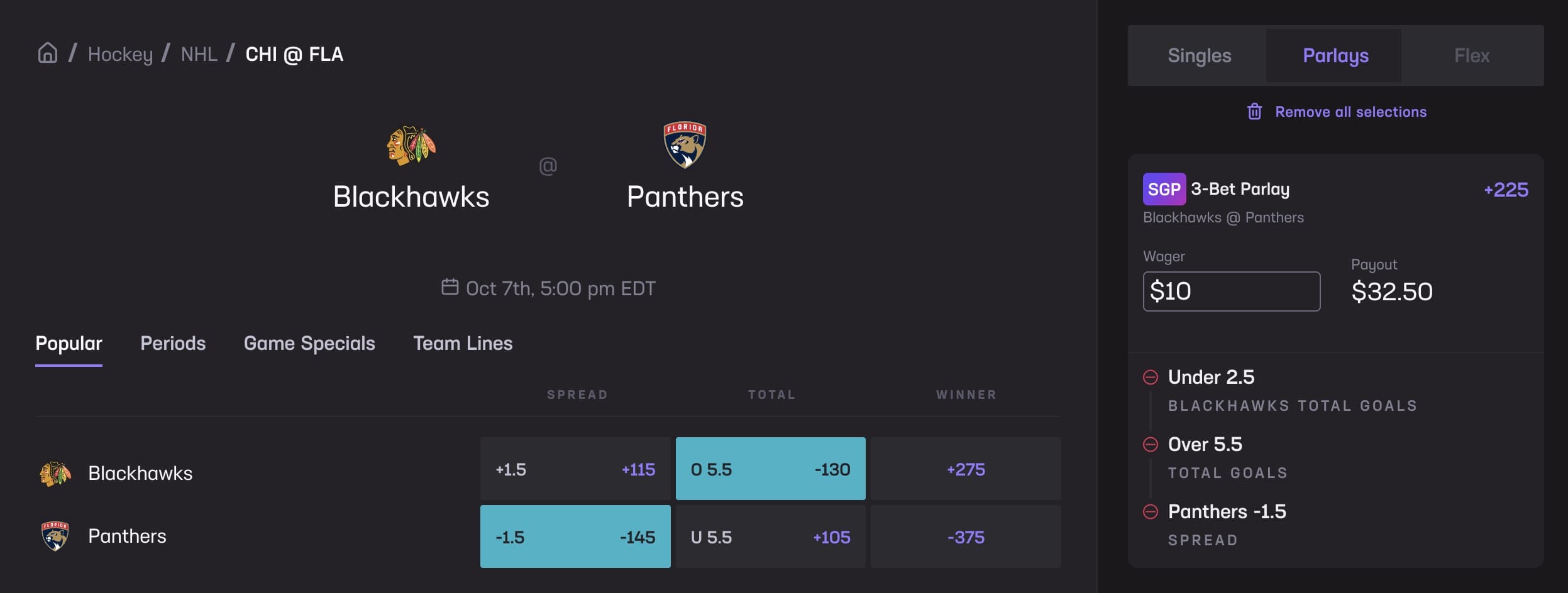 NHL Same Game Parlay at Hard Rock Bet