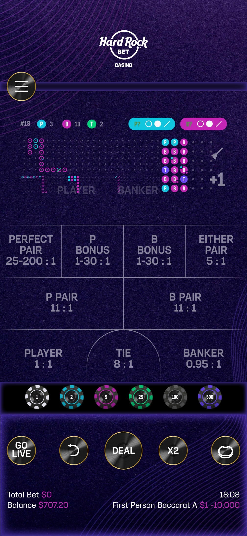 How to play Baccarat on Hard Rock Bet app